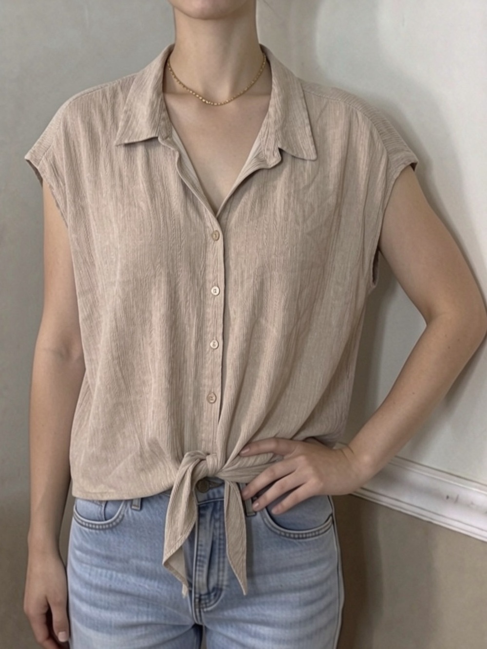 ❤️ 5 for $20! Modern Works Tie-Front Crop Button-Down Shirt in Beige